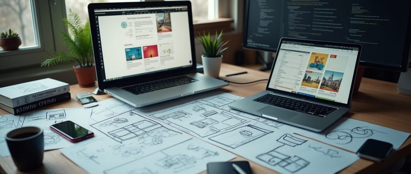 create a high resolution wide format studio scene of a modern digital workspace dedicated to e